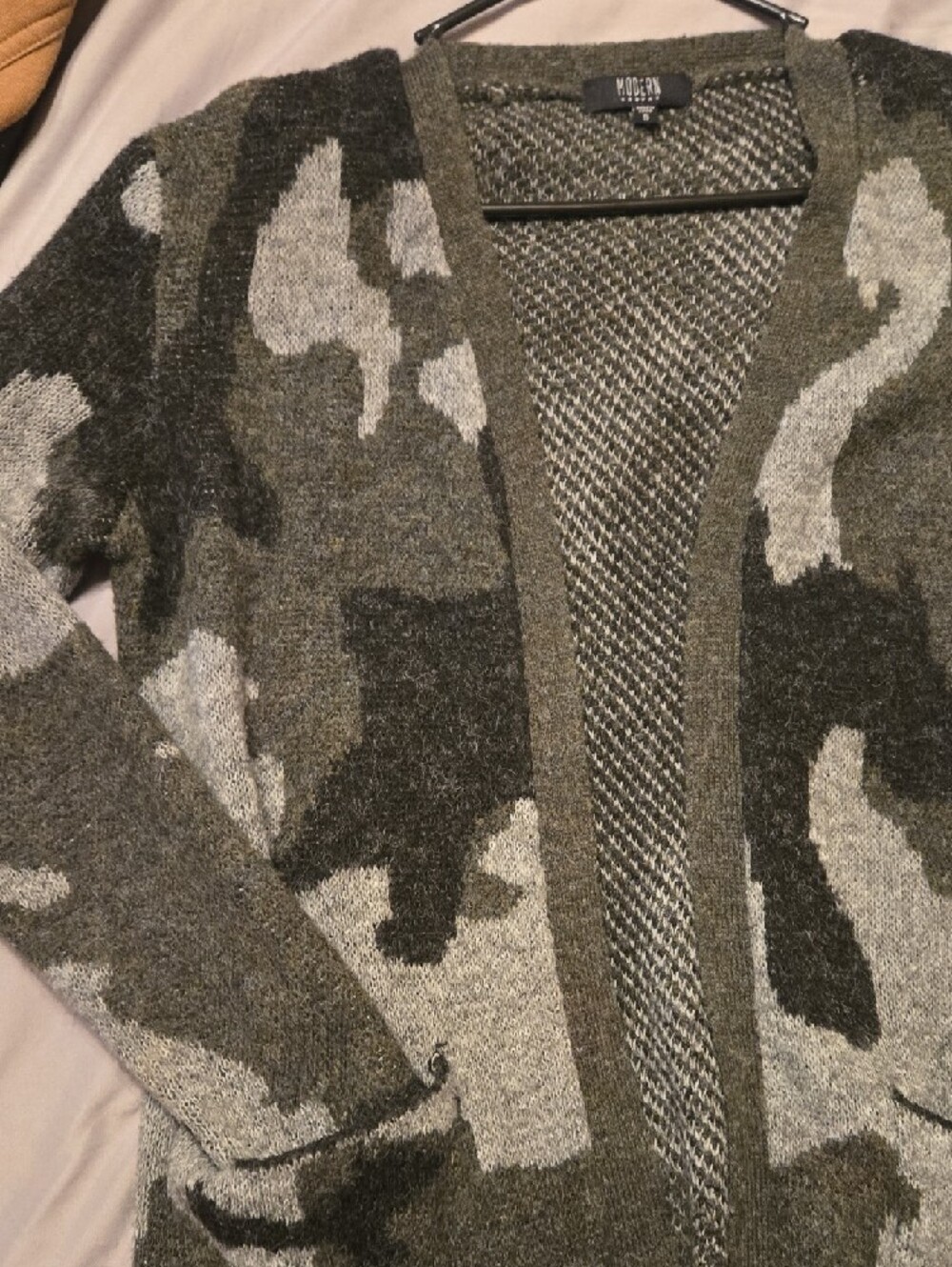 Open-Front Camouflage Knit Cardigan - Olive/Gray - Picture 3 of 7